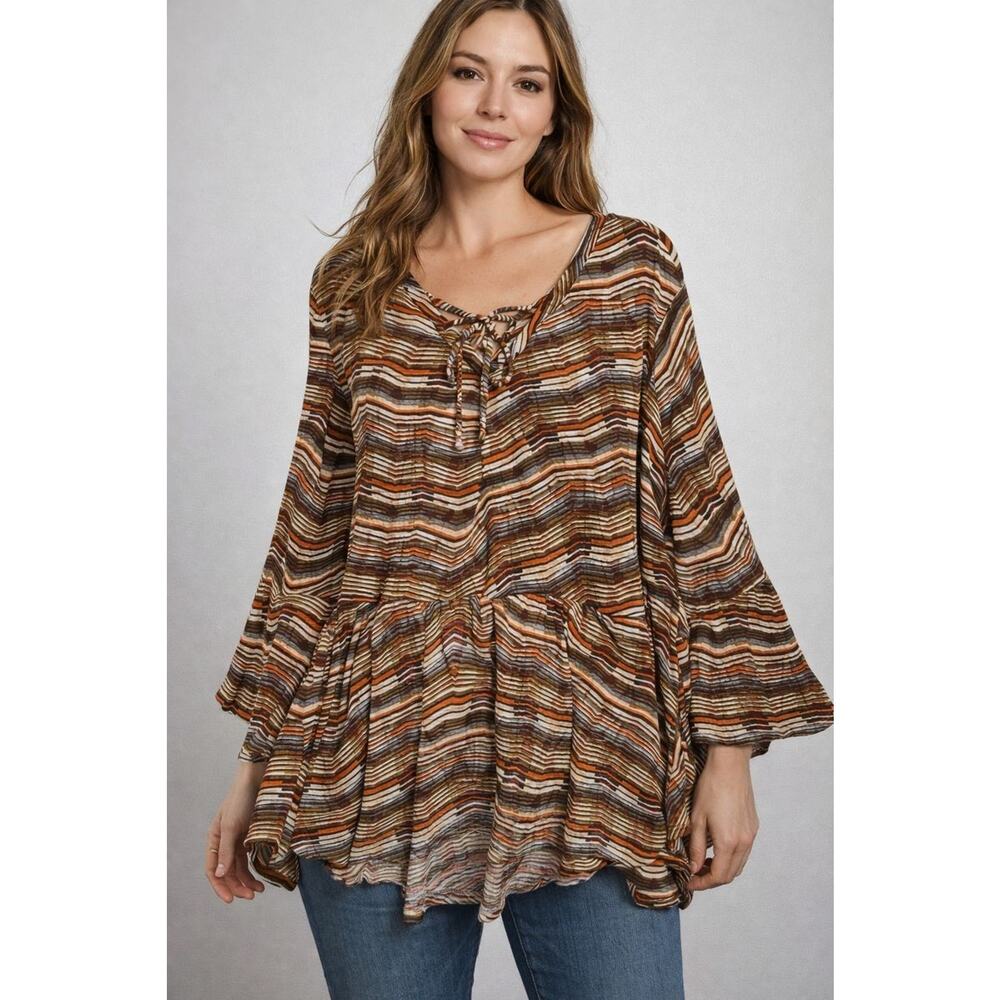 CATO Peplum Striped Abstract 3/4 Flared Sleeves Top Size 22W 24W Brown 70's